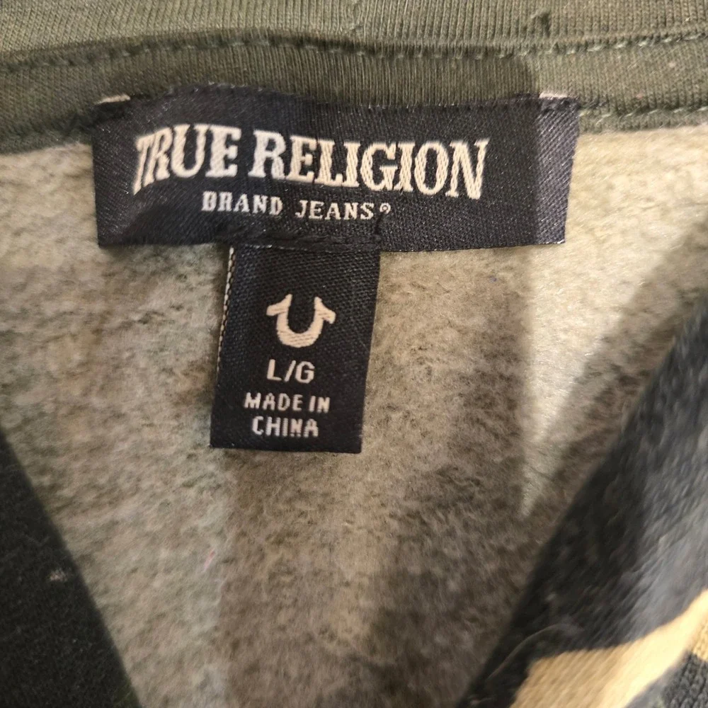 True Religion Mens Camo Buddha Logo Zip Up Hoodie Green Brown Large